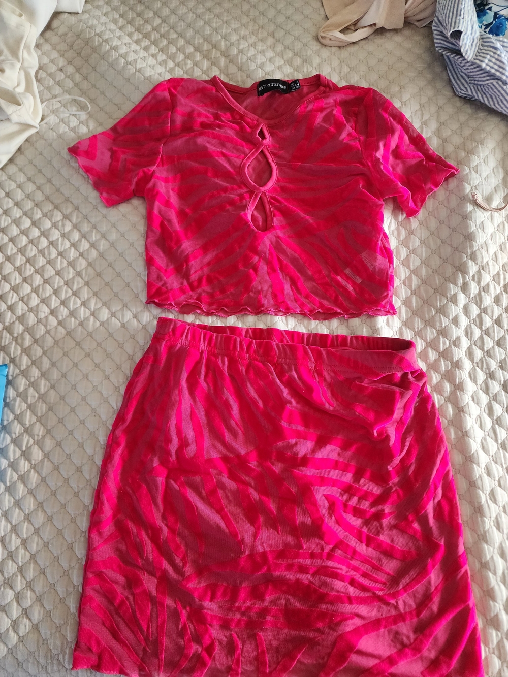 PrettyLittleThing Hot Pink Mesh Two-Piece Crop Top & Skirt Set